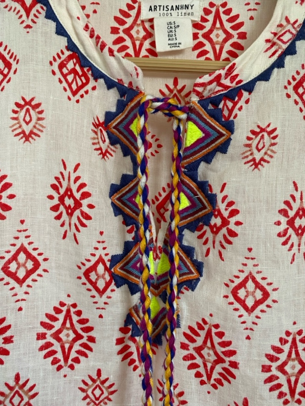 Artisan NY 100% Linen Embroidered Tunic | Size S | Boho Chic White & Red - Picture 8 of 14